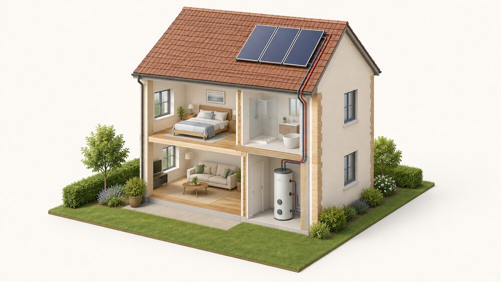 A cutaway house with a small array of flat plate solar thermal collectors fixed above the roof covering on a south-facing roof slope, and pipework running down from the collectors into a larger dedicated solar hot water cylinder standing indoors below.
