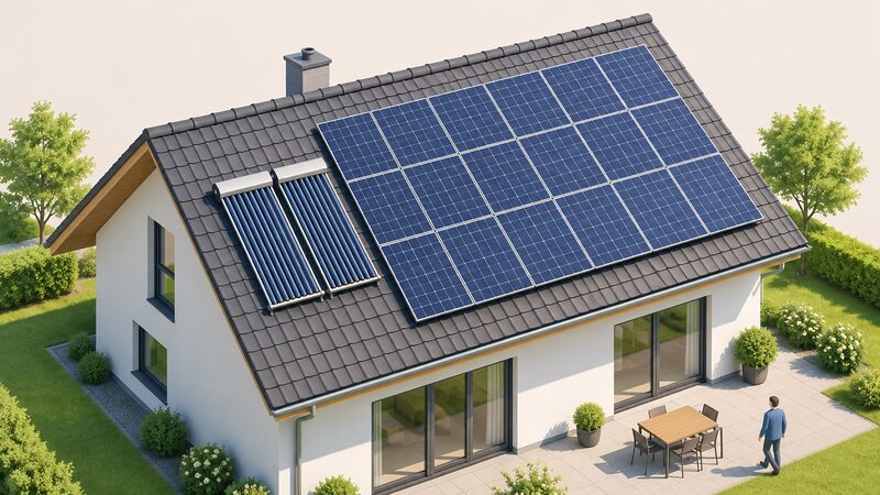 A pitched house roof seen from above in sunlight, with a small solar thermal collector array on the best southeast-to-southwest-facing patch beside a much larger bank of solar PV panels covering the rest of the same roof slope.