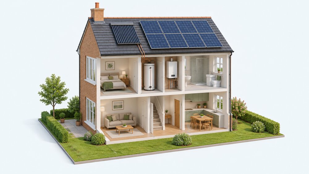 A cutaway UK house with a small solar thermal collector panel on the sunny side of the roof beside a larger array of solar PV panels, and inside the airing cupboard a hot water cylinder connected to the roof collector, with a boiler still present nearby.