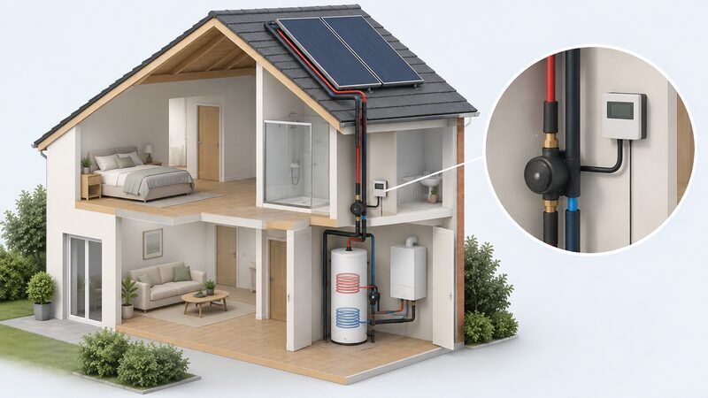 A cutaway house scene showing a solar thermal collector on the pitched roof, insulated pipework running down to a twin-coil cylinder in an airing cupboard, with a wall-mounted boiler beside it, a pump on the solar circuit and a small controller linking the two systems.