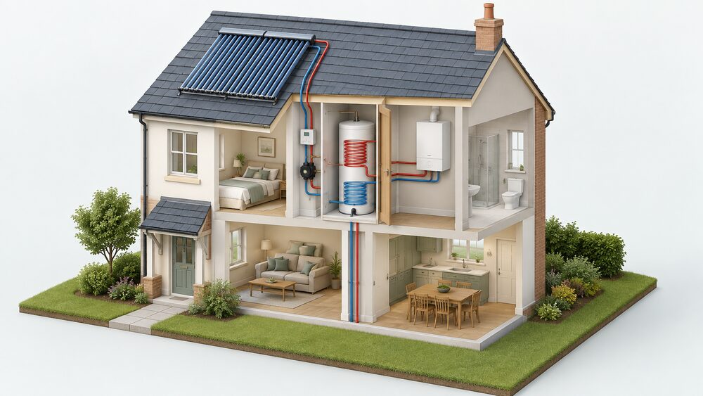 A cutaway house showing solar collector tubes on the roof, a pipe running down to a twin-coil hot water cylinder in an airing cupboard, and a conventional boiler connected to the upper coil, with the lower coil fed from the roof circuit.