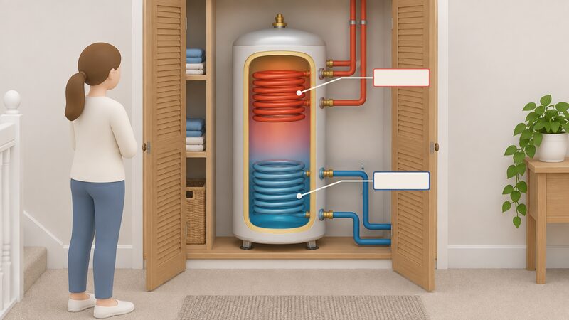A cutaway twin-coil hot water cylinder standing in a home airing cupboard, shown as a simple diagram object with blank label tags, one coil low in the cylinder leading to a solar circuit pipe and one coil near the top leading to a boiler circuit pipe.