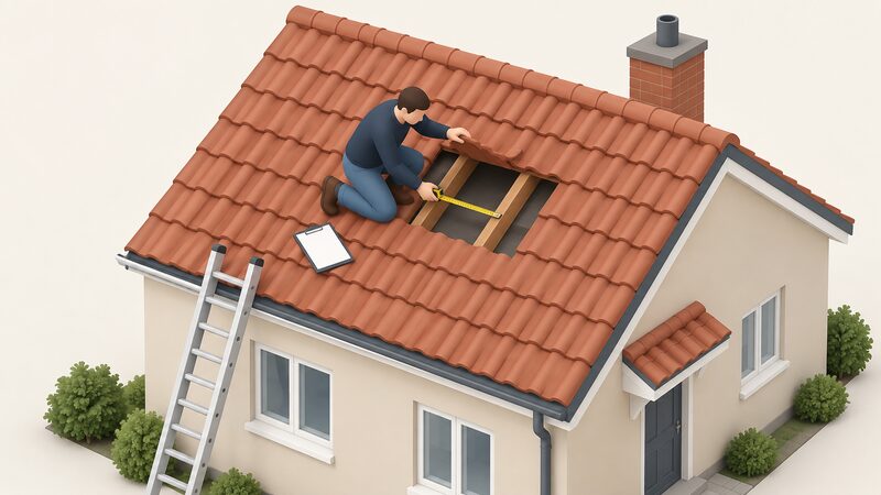A surveyor in plain clothing kneeling on a pitched tiled house roof, lifting one tile to check its condition while measuring the spacing between rafters, with a clipboard beside them and a ladder leaning against the roof edge below.