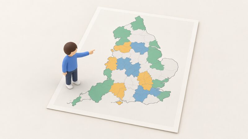 A simplified map of England drawn as a printed sheet, with plain colour regions marking council areas running group-buying rounds, showing patchy coverage with some regions shaded and others left blank, and a small isometric figure pointing at the map.