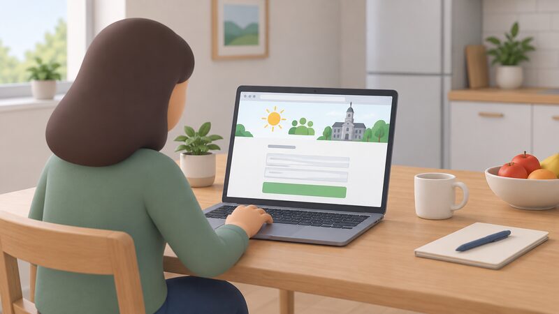 A laptop on a kitchen table at home displays a council-backed group-buying registration page, drawn as a screen with blank lines and plain colour blocks, with a simplified figure seated and completing the form, showing registration as the entry point with no commitment made.