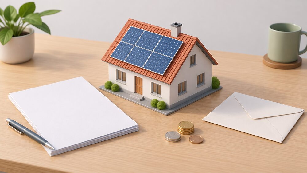 A small model house roof with solar panels on it stands on a table beside blank paperwork, a sealed envelope and a few coins, suggesting a household weighing a priced offer for a solar installation.