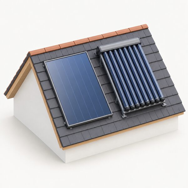 A pitched roof with a flat plate collector mounted flush in the roof plane beside an evacuated tube collector of glass tubes on an angled frame, both shown side by side to compare the two types.