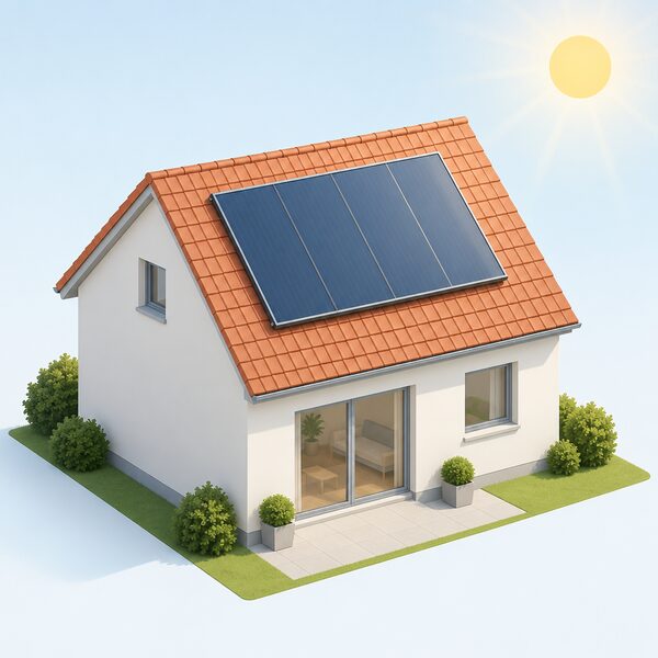 A flat plate solar collector panel mounted on the sunlit pitched south-facing roof slope of a simple house, drawn large enough to read as roughly four to five square metres, with bright sunlight falling directly on it and no shading from trees or chimneys.