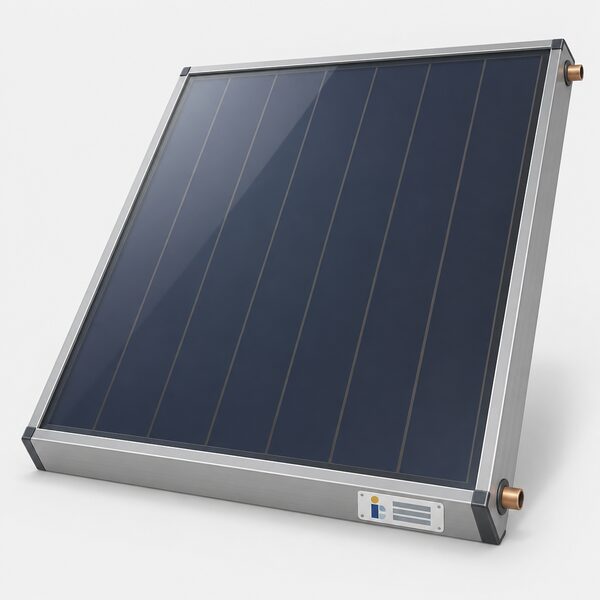 A close view of a flat plate solar thermal collector shown at an angle, with a small blank certification label plate affixed to its frame edge, set against a plain background so the panel and its quality mark are the focus.