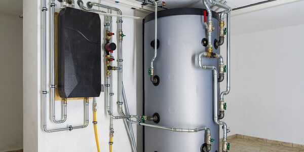 A hot water cylinder with extensive copper pipework and a wall-mounted unit installed in a utility room