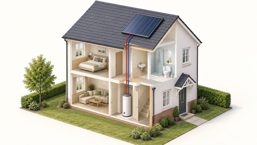 A cutaway house in daylight showing a flat plate solar collector mounted flush on the pitched roof, with insulated flow and return pipework running down inside the building to a hot water cylinder standing in the airing cupboard below.