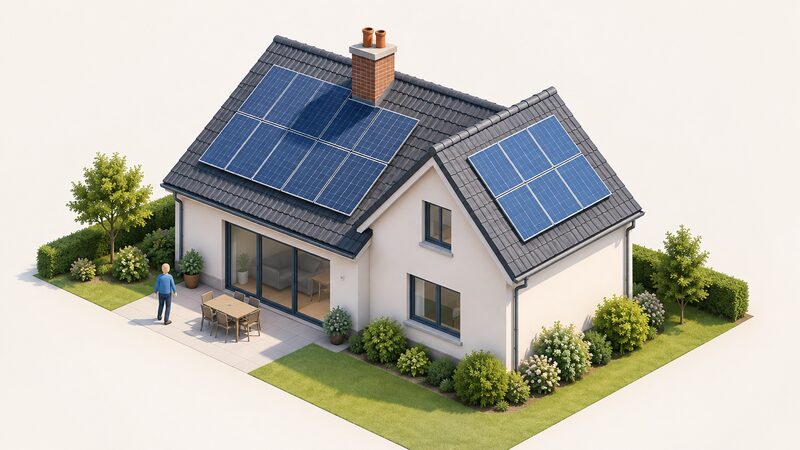 A house with solar panels on two roof slopes facing different directions, one slope partly shaded by a chimney casting a shadow across some panels, showing the mixed-orientation, partially shaded roof where panel-level electronics are designed to help.