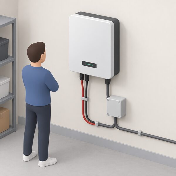 A single phase solar inverter with a smooth fanless casing for natural convection cooling, mounted on an indoor wall of a plain utility room, with simplified DC and AC cabling running from it, drawn as a clean isometric scene with no fan grilles or vents with moving parts.