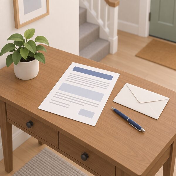 A printed warranty document lying flat on a wooden table in a home hallway, shown as a physical sheet with blank lines and plain colour bands instead of readable text, beside a pen and a closed envelope.