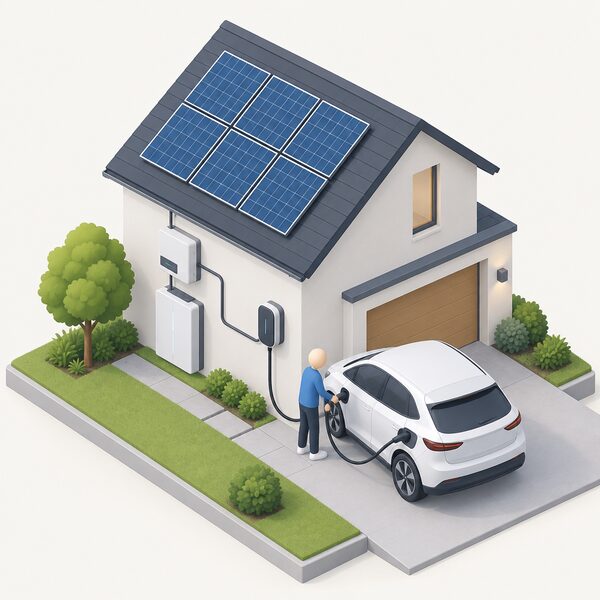 A small isometric figure plugs a charging cable into an electric car parked on a home driveway, with a wall-mounted EV charger beside the house drawing power from the home's solar PV system via the inverter and home battery on the wall.