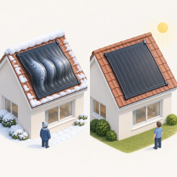 A flexible silicone rubber solar water heating panel mounted on a sloped house roof, shown flexing as ice forms inside its waterways, with a second view beside it of the same panel returned flat to shape after thawing.