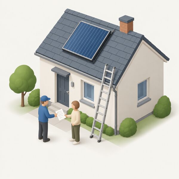 Outside a house, a small isometric installer figure hands a householder a folded paper quotation sheet after a roof survey, with a ladder leaning against the house and a roof-mounted solar panel visible above them.
