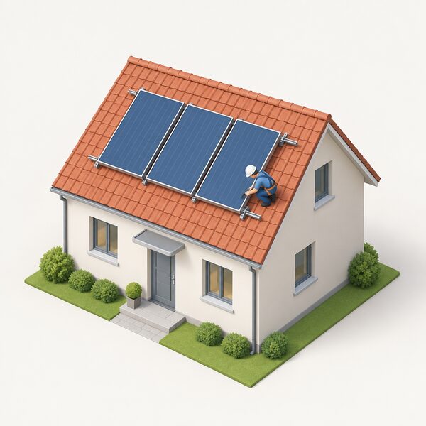 A simplified isometric house with solar thermal collectors mounted on its unshaded south-facing pitched roof, set back from the ridge and edges, with an installer figure on the roof securing a panel to the mounting frame.