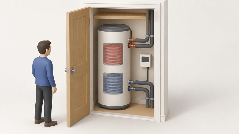 An airing cupboard with a twin-coil hot water cylinder standing in it, insulated flow and return pipework from the solar loop entering at the lower coil and boiler pipework at the upper coil, with a small solar controller mounted on the wall beside the cylinder.