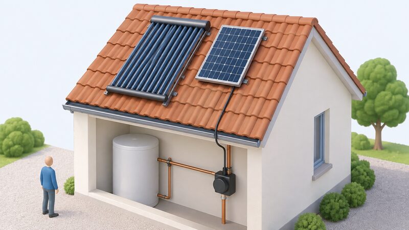 A small photovoltaic module mounted beside a solar thermal collector on a roof, with a single cable running down to a small pump housing, showing the pump powered directly by its own PV module with no mains wiring, controller or battery present.
