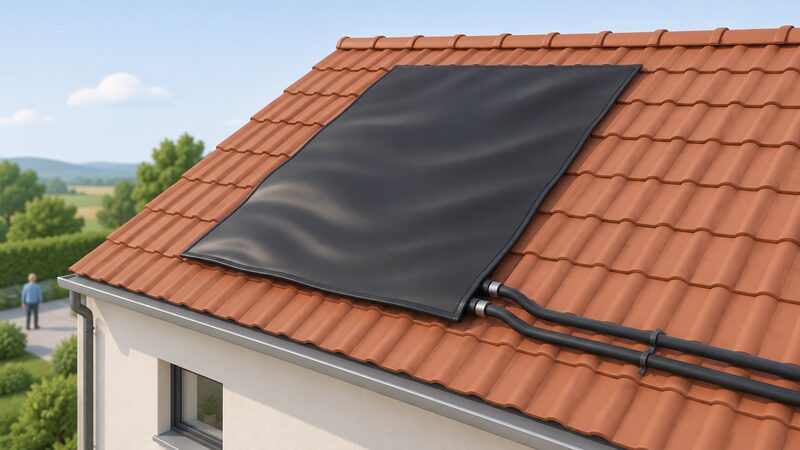 A flexible black silicone rubber flat plate solar collector panel lying flat on a pitched roof, its surface slightly rippling to show flexibility, with two pipe connections emerging from one end and no glass tubes or rigid frame.
