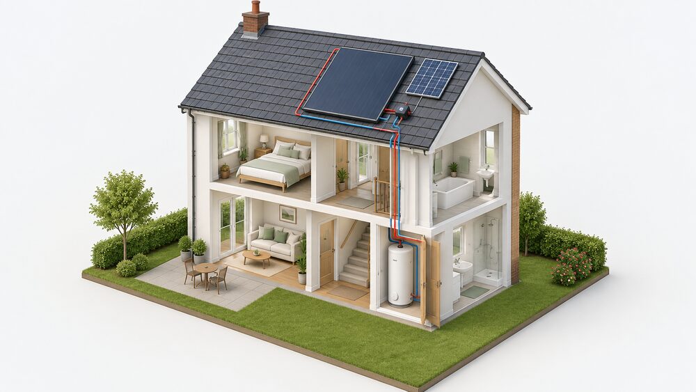 A cutaway house with a flexible silicone rubber solar thermal panel on the roof, a small photovoltaic module beside it powering a pump, and pipework running down inside the house to a separate hot water cylinder in an airing cupboard.
