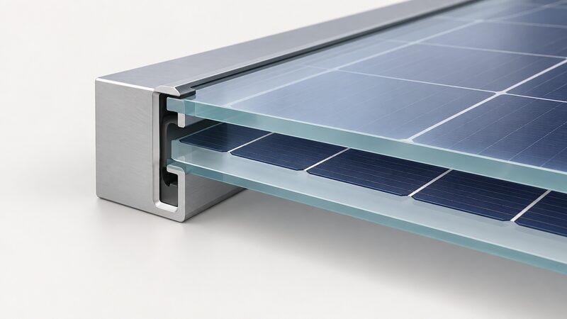 A close-up cutaway of the edge of a glass-glass solar module showing two thin heat-treated glass sheets sandwiching the cells, held in an aluminium frame profile, with no polymer backsheet layer present.