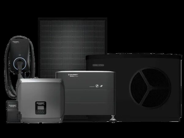 A product lineup of Solarwatt solar equipment including a solar panel, battery storage unit, inverter, EV wall charger and a Stiebel Eltron heat pump