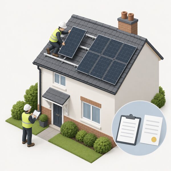 A certified installer on the tiled roof of a house fits a glass-glass solar PV module into a mounting rail beside already-installed panels, while a colleague on the ground registers the installation on a clipboard, with a certificate document shown as a plain sheet with blank lines.