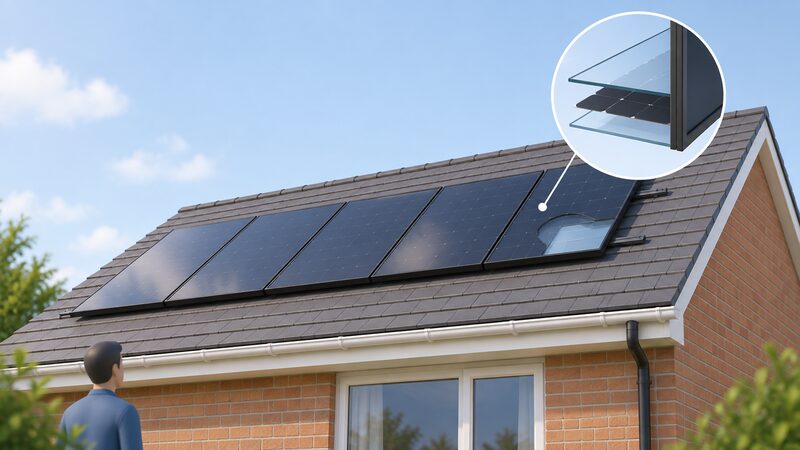 A ground-level view up at a pitched UK house roof carrying a neat row of black-framed glass-glass solar modules, with one module shown in a small cutaway revealing the glass sheet on its rear face as well as the front.