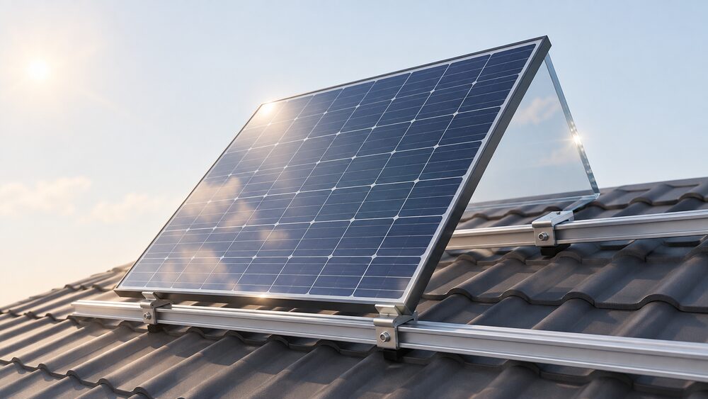 A single glass-glass solar panel shown at an angle so both its front face and its glass rear face are visible, mounted on aluminium rails on a roof, with sunlight glinting off the two glass surfaces.