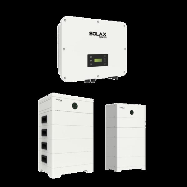 A SolaX Power hybrid inverter shown above two white Triple Power stacked home battery units on a plain background