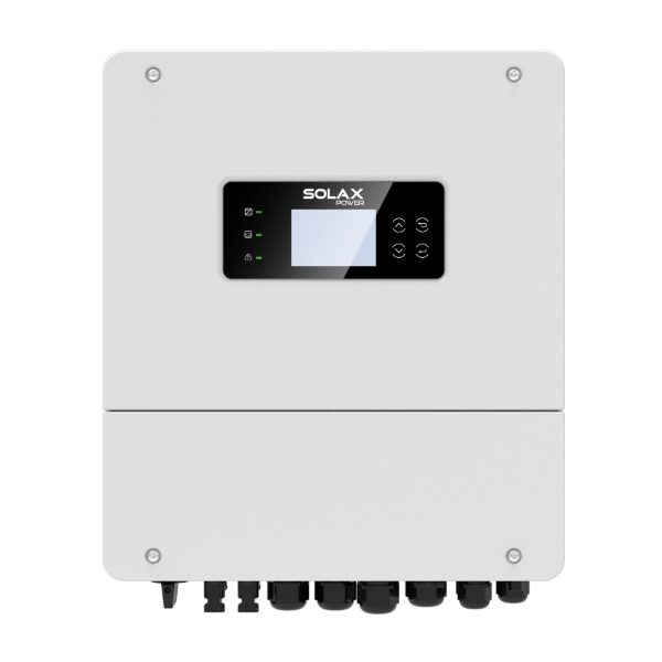 A SolaX hybrid solar inverter, a white wall-mounted unit with a display panel and connection glands along the bottom