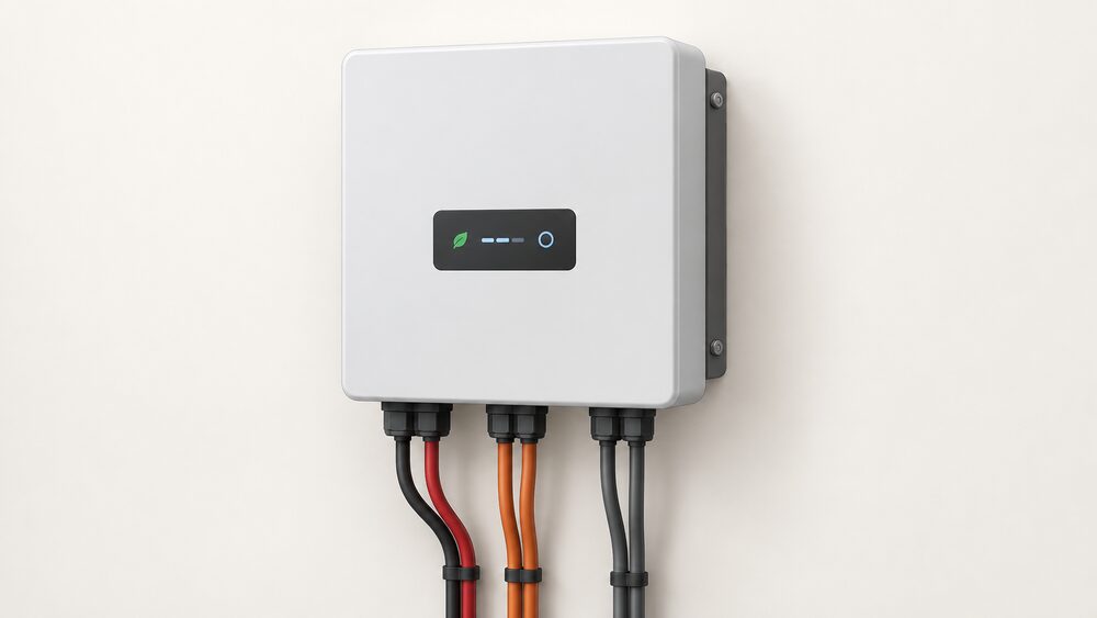 A close-up of a single wall-mounted hybrid inverter unit, a plain rectangular box seen front-on, with a bundle of cables entering at its base — solar input, battery connection and grid interface combined in one unit — and nothing else in the frame.