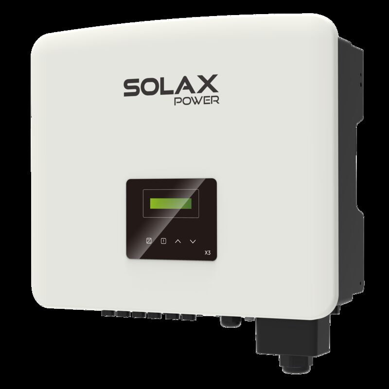 A SolaX Power X3 three-phase solar string inverter, a white wall-mounted unit with a small display panel