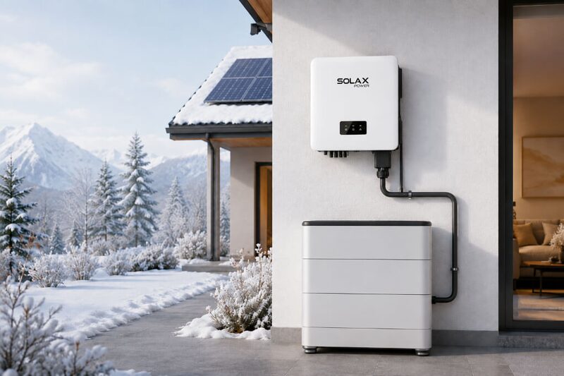 A SolaX hybrid inverter and stacked battery mounted on a house wall with snowy solar panels and mountains in the background
