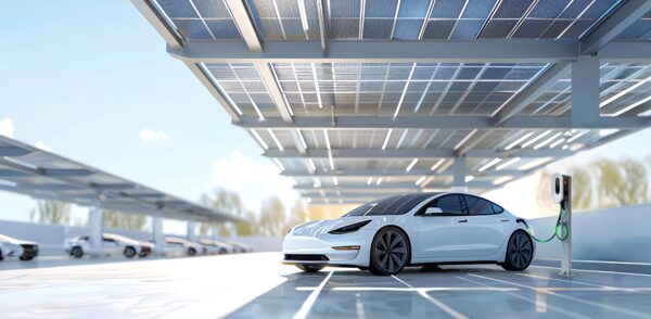 A white electric car charging at a wall-mounted EV charger under a large solar panel carport canopy
