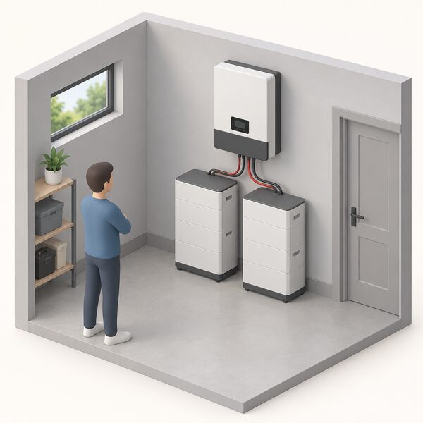 A single-phase hybrid inverter mounted on an indoor wall of a utility room, with two modular battery stack units standing beside it on the floor, connected by short cabling, drawn as a simple cutaway interior scene.