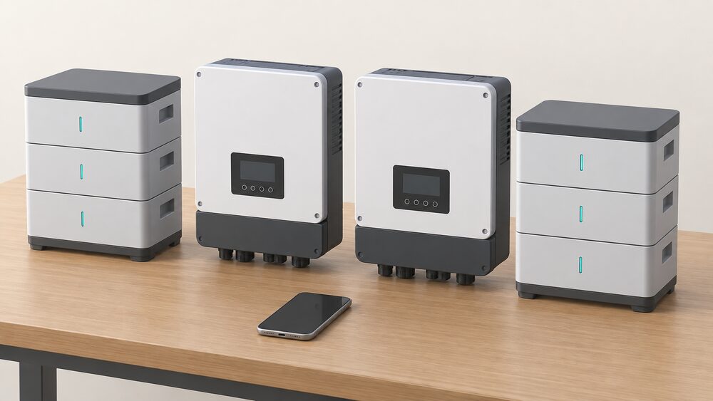 Two unbranded hybrid inverter units of similar size stand side by side on a plain table, each beside a small modular battery stack, with a smartphone showing a blank screen lying in front of them.