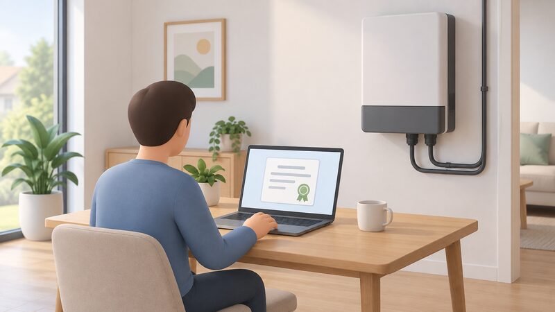 A simplified homeowner sits at a table with a laptop showing a plain certificate screen with blank lines, beside a wall-mounted battery storage inverter with its cabling, showing the warranty registration stored in the online account.