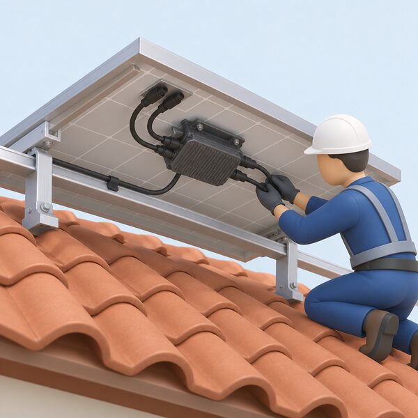 A small sealed microinverter unit bolted to the underside of a solar panel on a tiled roof, with its weatherproof casing and short cables to the panel shown close up, a simplified installer figure working beside it.