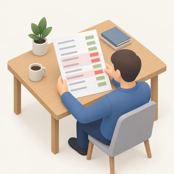 A printed distributor trade price list lying on a desk, its rows of model listings shown as blank lines with plain price blocks, some rows marked as awaiting stock, beside a small isometric figure of a person reading it.