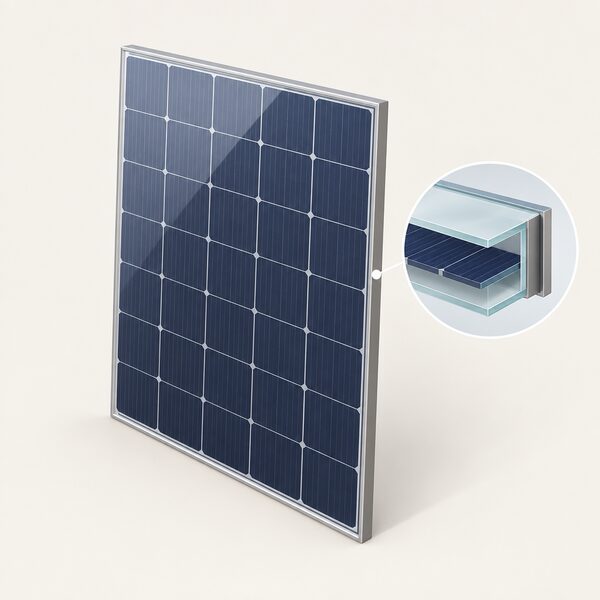 A single double-glass solar panel module shown in close-up, with glass on both faces and no polymer backsheet, drawn as one module rather than a roof array, with a cutaway edge revealing the glass-glass layers.