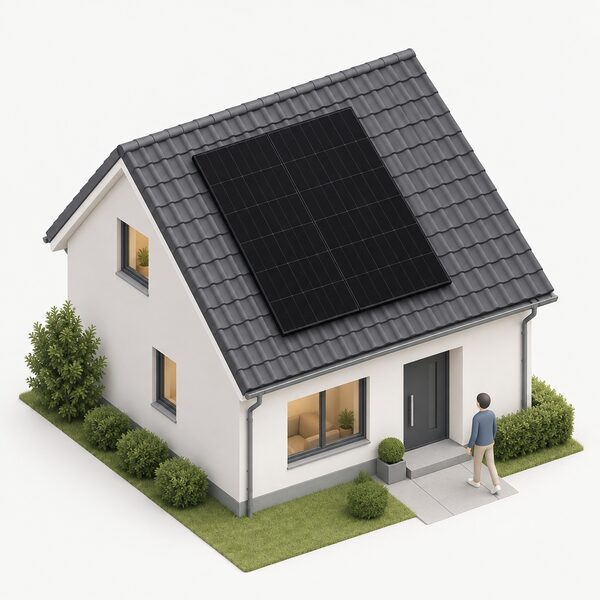 A single full-black monocrystalline solar panel mounted flush on the pitched roof of a simple house, shown in a clear isometric view with its all-black cells and black frame visible against the roof tiles.