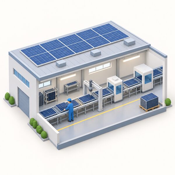 A simplified factory interior where solar modules are assembled on a production line, with a small isometric worker placing a panel as it moves along a conveyor past workstations, powered by renewable energy shown as solar panels on the factory roof.