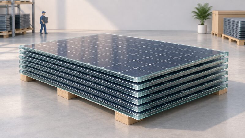 A neat stack of frameless double-glass solar panels seen at an angle so the layered glass edges are clearly visible, with no aluminium frame around any panel, set in a simple warehouse or showroom context.
