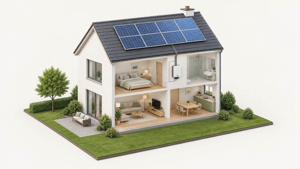 A cutaway of a house showing framed double-glass solar panels fitted on the pitched roof and an inverter mounted on an indoor wall, connected, with no other equipment shown.