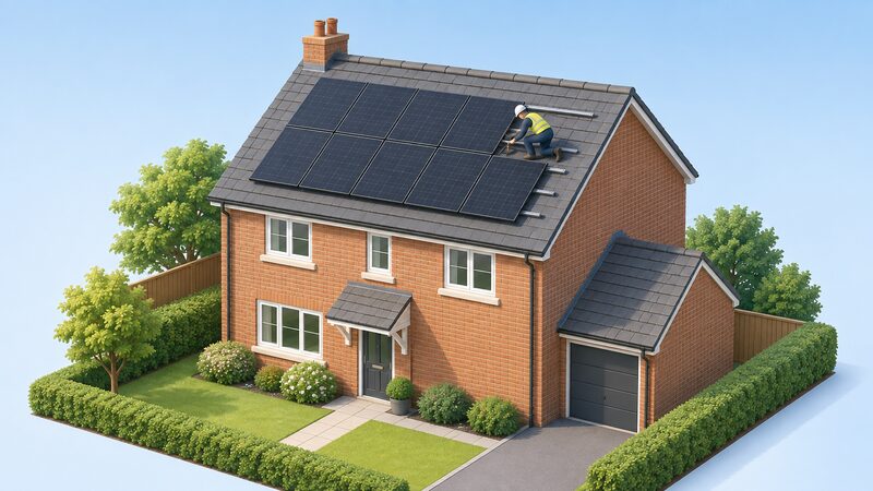 A UK house with a black-framed solar panel array mounted on its pitched roof under a clear sky, with a simplified isometric figure of an installer securing one panel to the roof mounting rails.