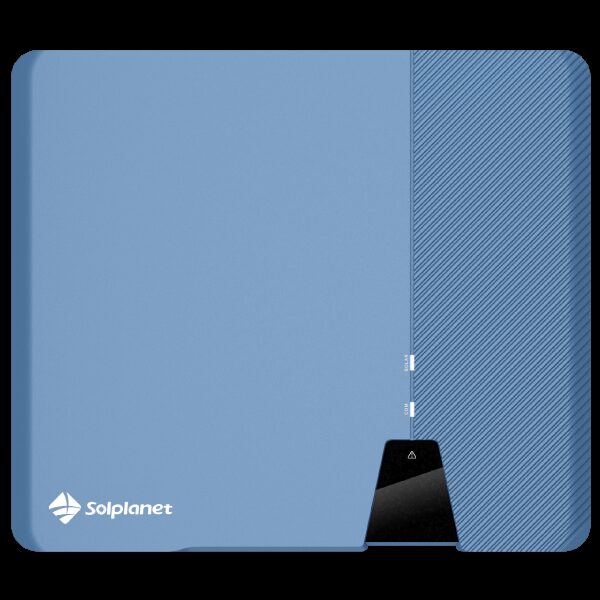 A blue Solplanet single-phase solar inverter shown against a plain background