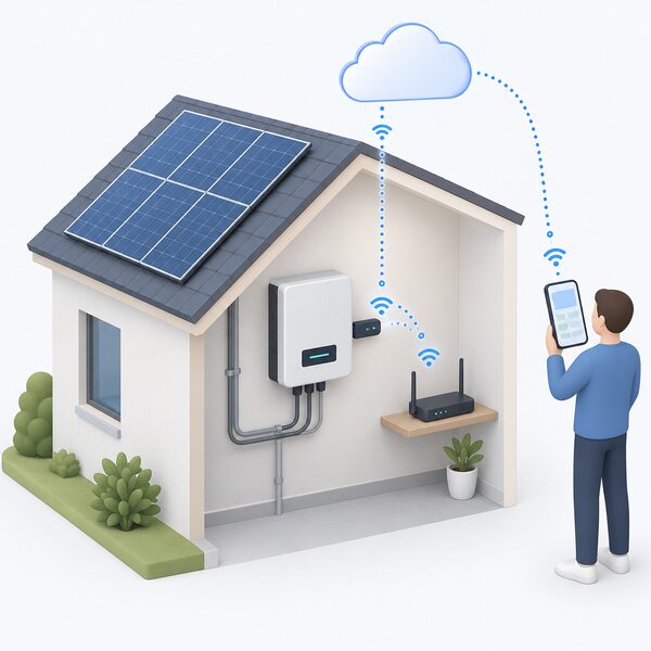 A wall-mounted solar inverter with a small Wi-Fi stick plugged into its port, a signal path rising to a cloud symbol and a smartphone held by a simplified figure showing the monitoring app as blank colour blocks.